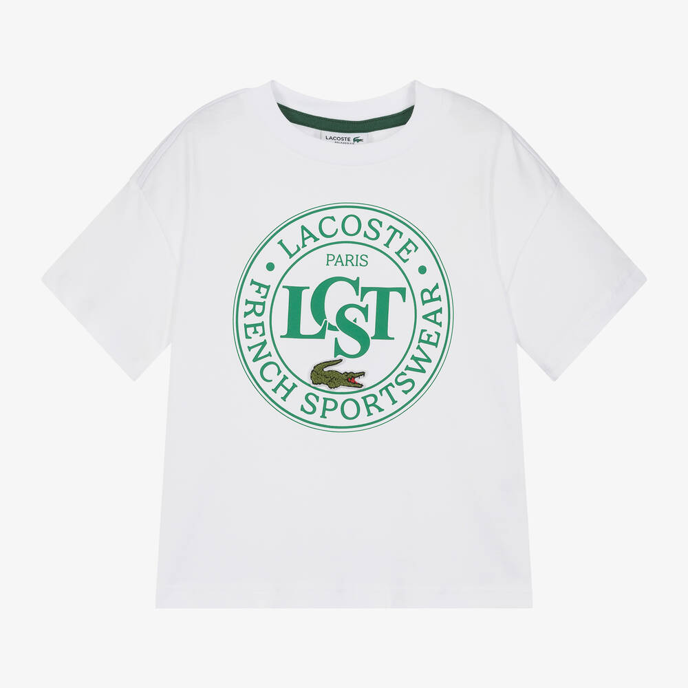 Lacoste - تيشيرت بشعار دائري قطن عضوي لون أبيض | Childrensalon