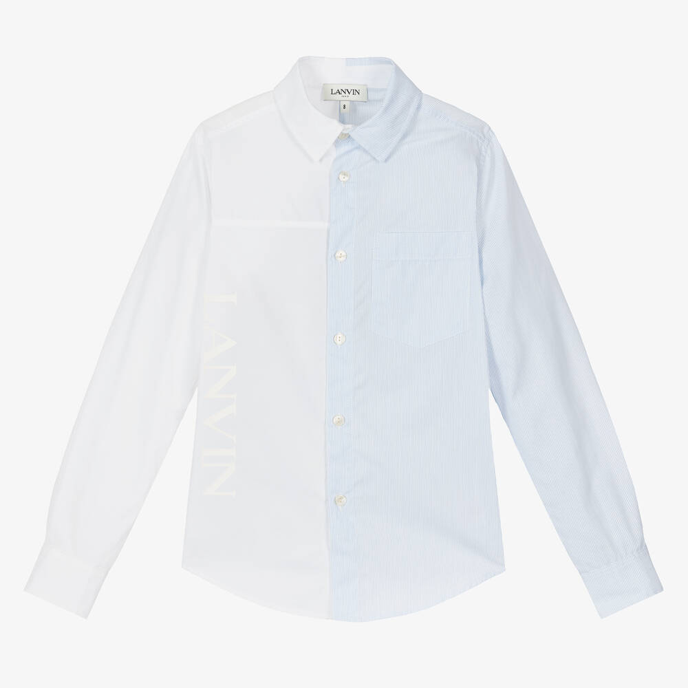 Lanvin - قميص قطن لون أبيض وأزرق للأولاد | Childrensalon