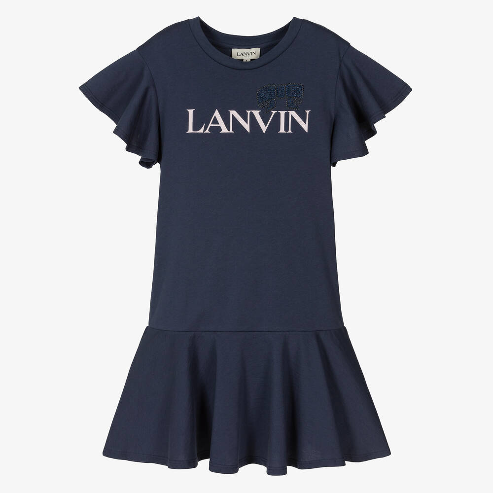 Lanvin - فستان قطن عضوي لون كحلي مزين براينستون | Childrensalon