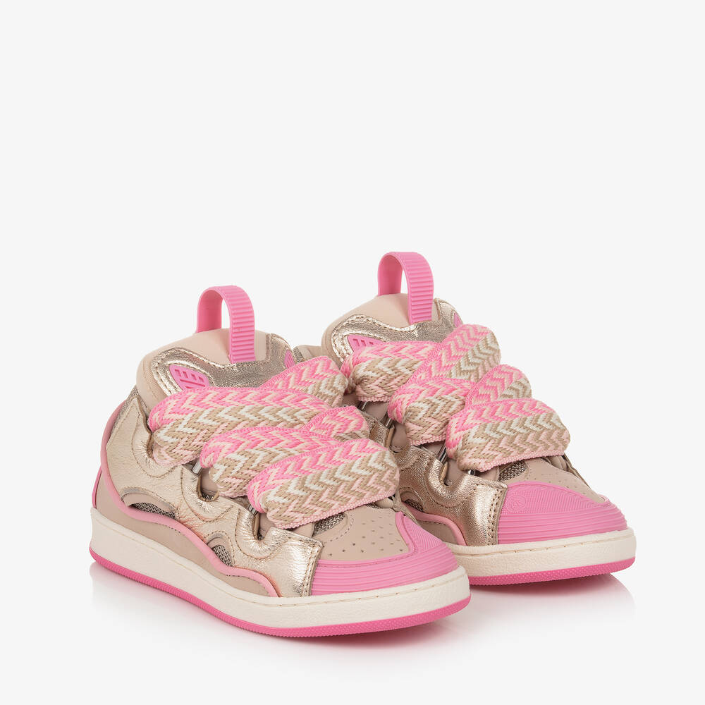 Lanvin - Girls Pink Leather Curb Trainers | Childrensalon
