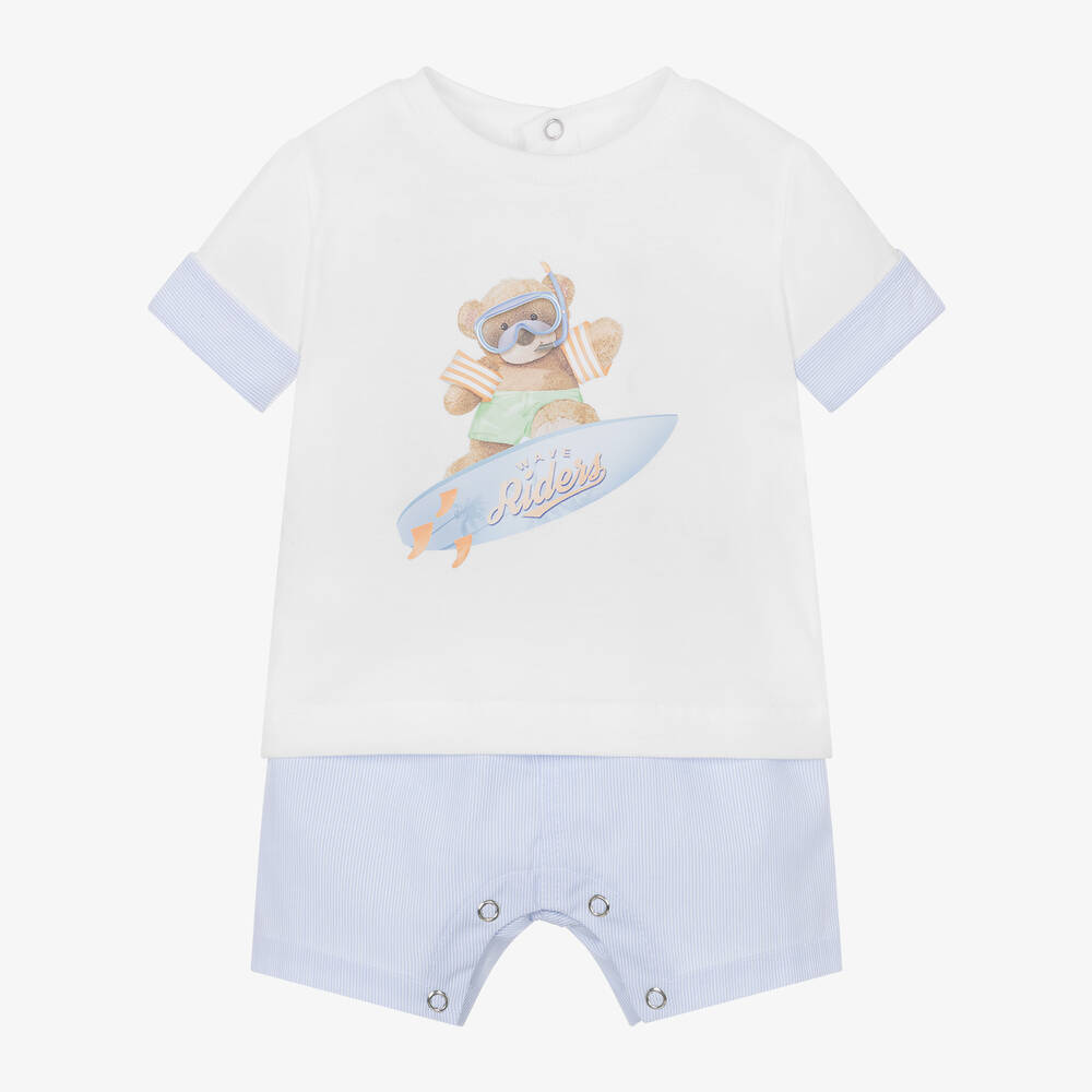 Lapin House - Baby Boys White & Blue Cotton Shorts Set | Childrensalon