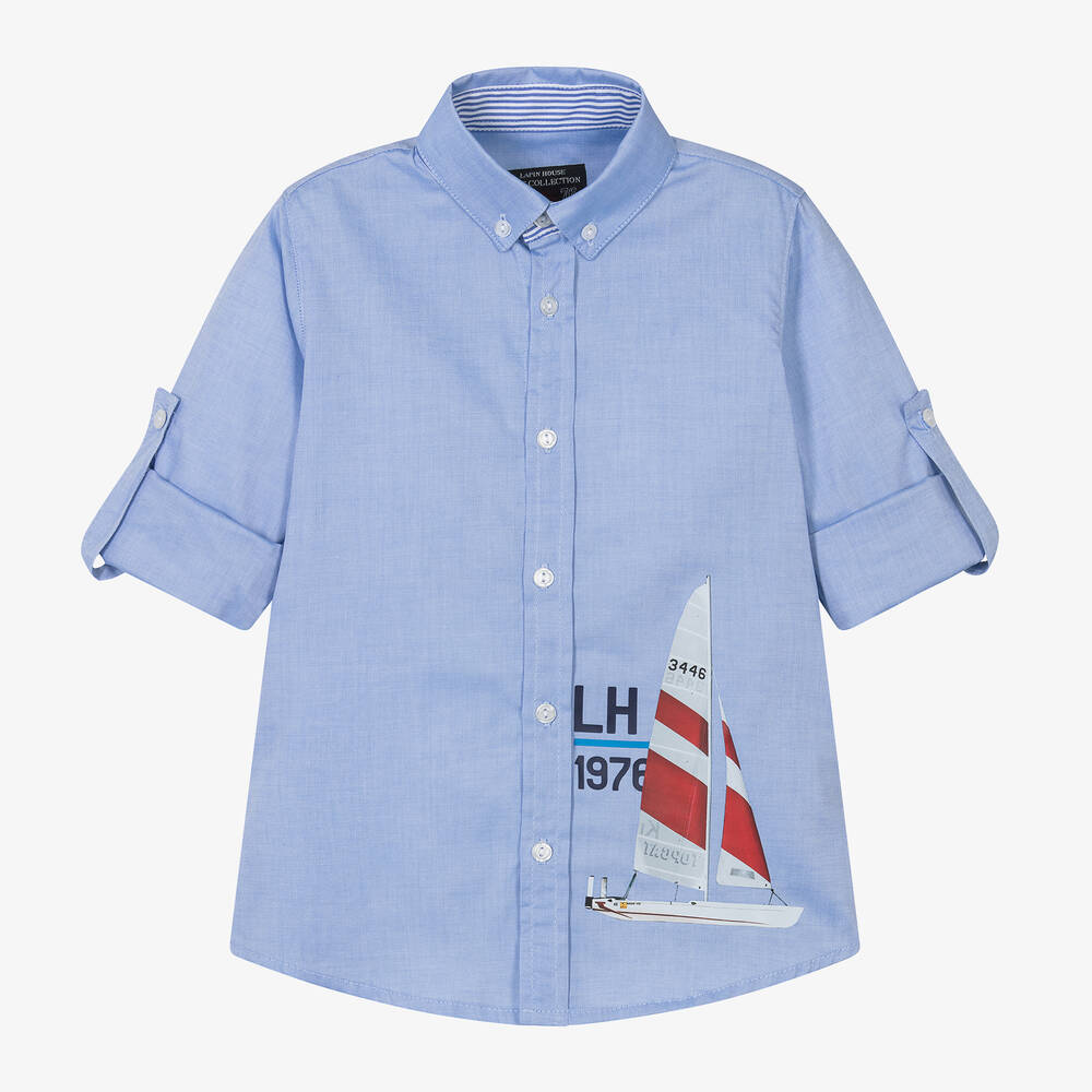 Lapin House - Голубая хлопковая рубашка с парусником для мальчиков | Childrensalon