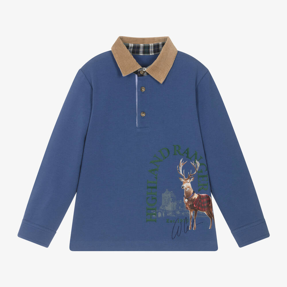 Lapin House - Boys Blue Cotton Deer Print Polo Shirt | Childrensalon