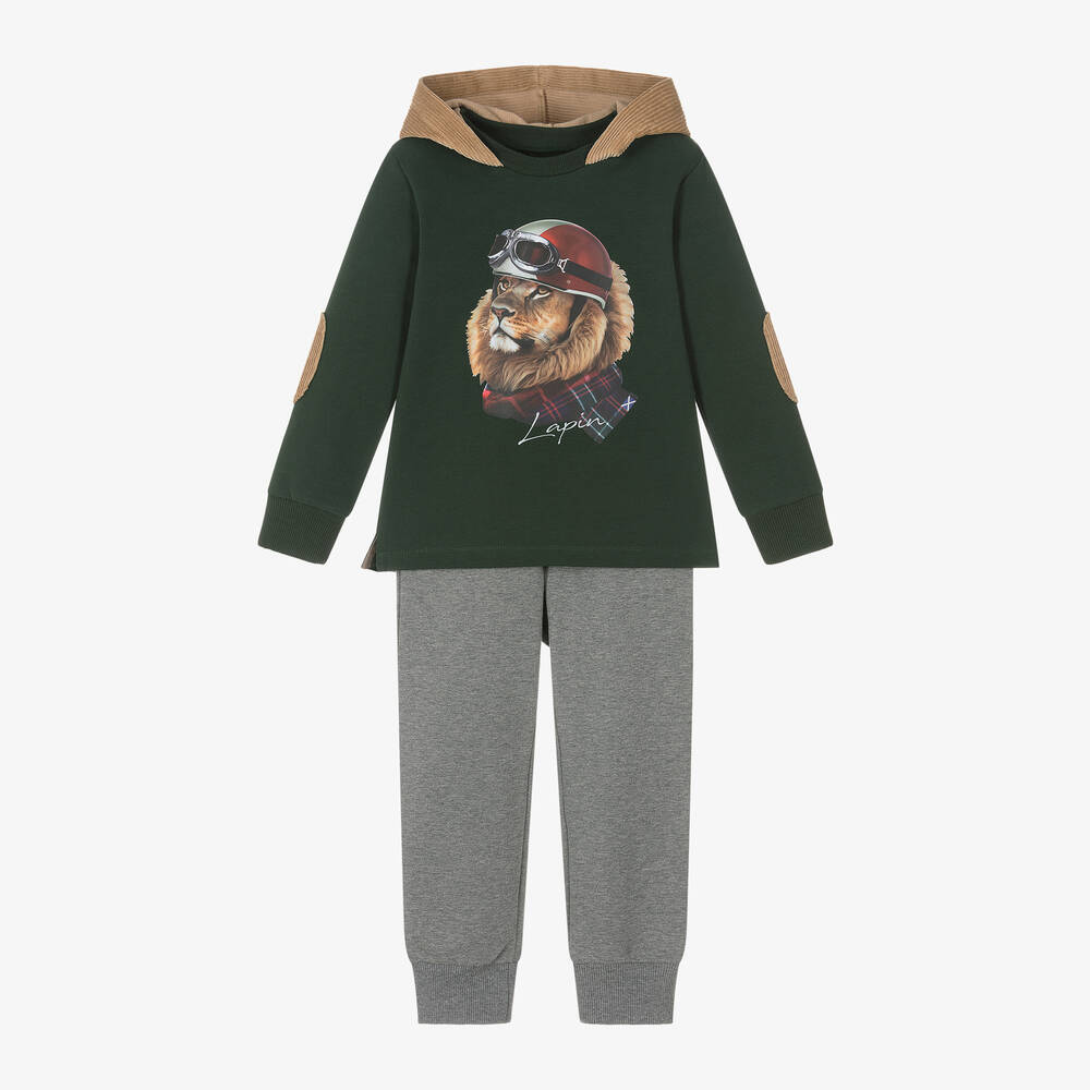 Lapin House - Boys Green & Grey Cotton Lion Tracksuit | Childrensalon