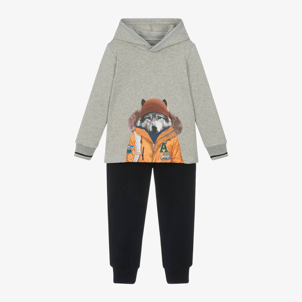 Lapin House - Boys Grey & Blue Cotton Fox Tracksuit | Childrensalon