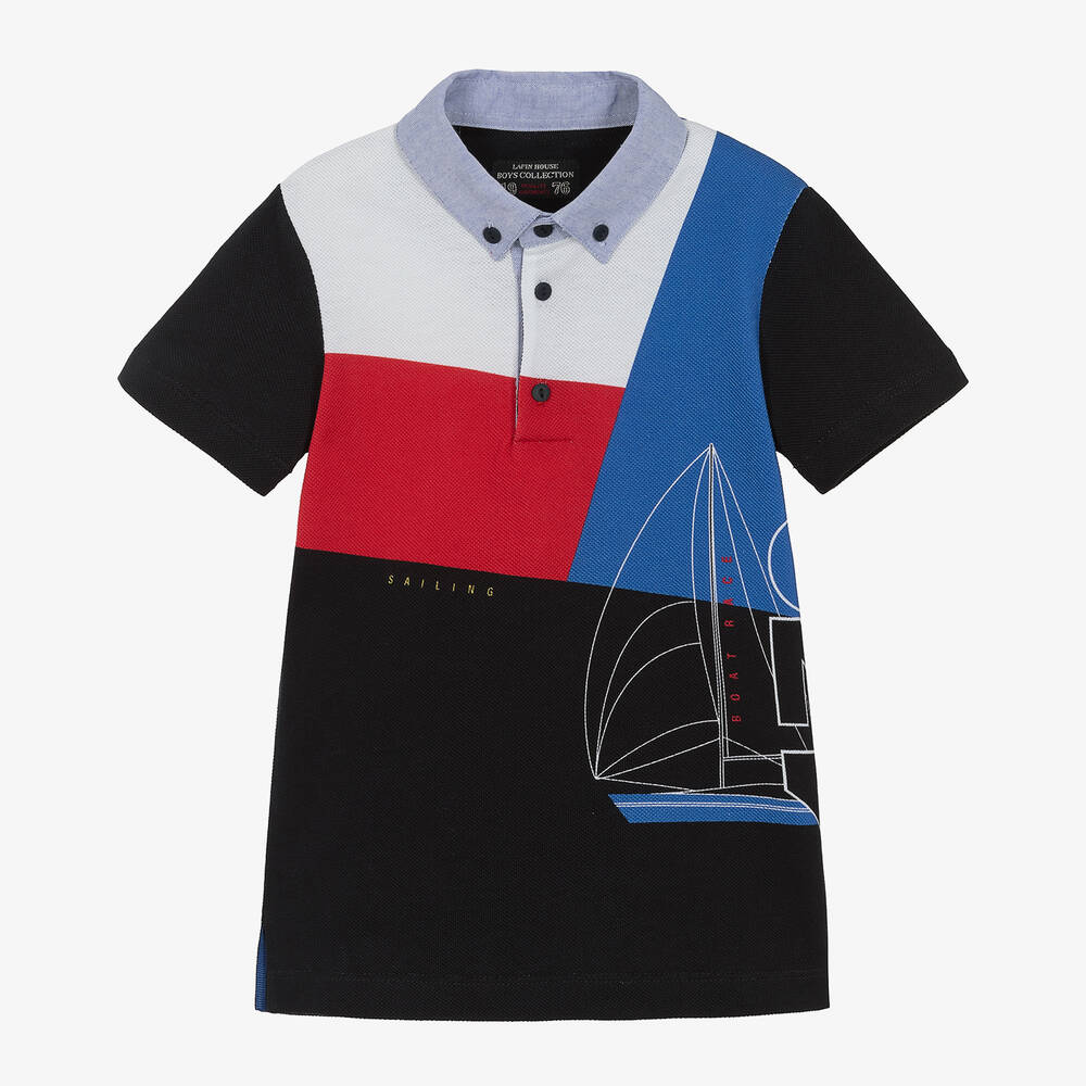 Lapin House - Boys Navy Blue Colourblock Cotton Polo Shirt  | Childrensalon