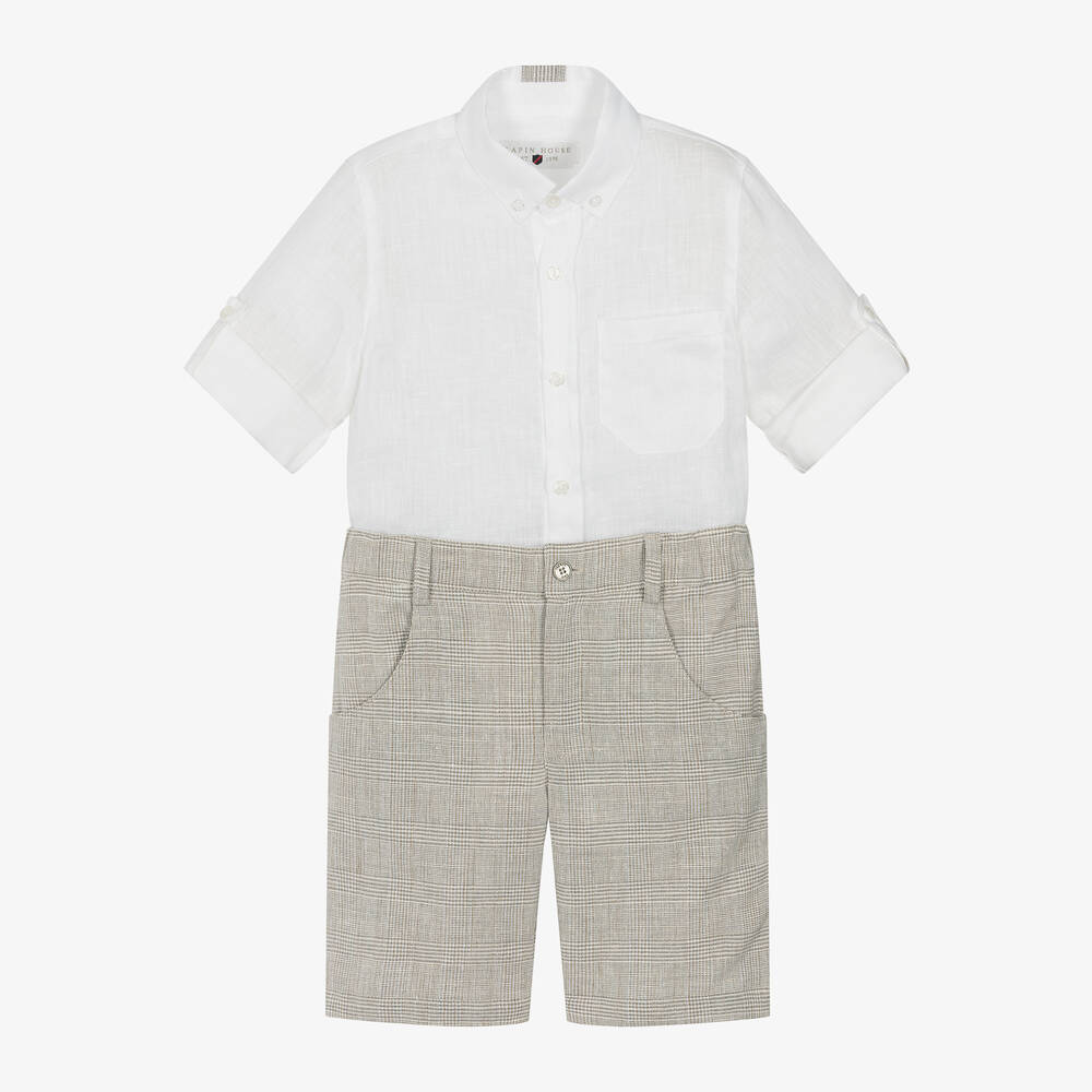 Shop Lapin House Boys White & Beige Linen Shorts Set