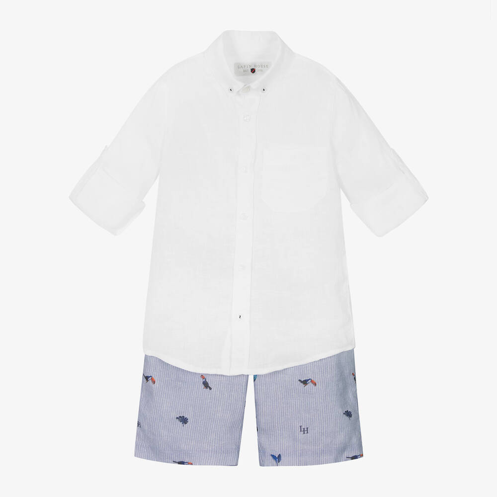 Lapin House - Boys White & Blue Linen Shorts Set  | Childrensalon