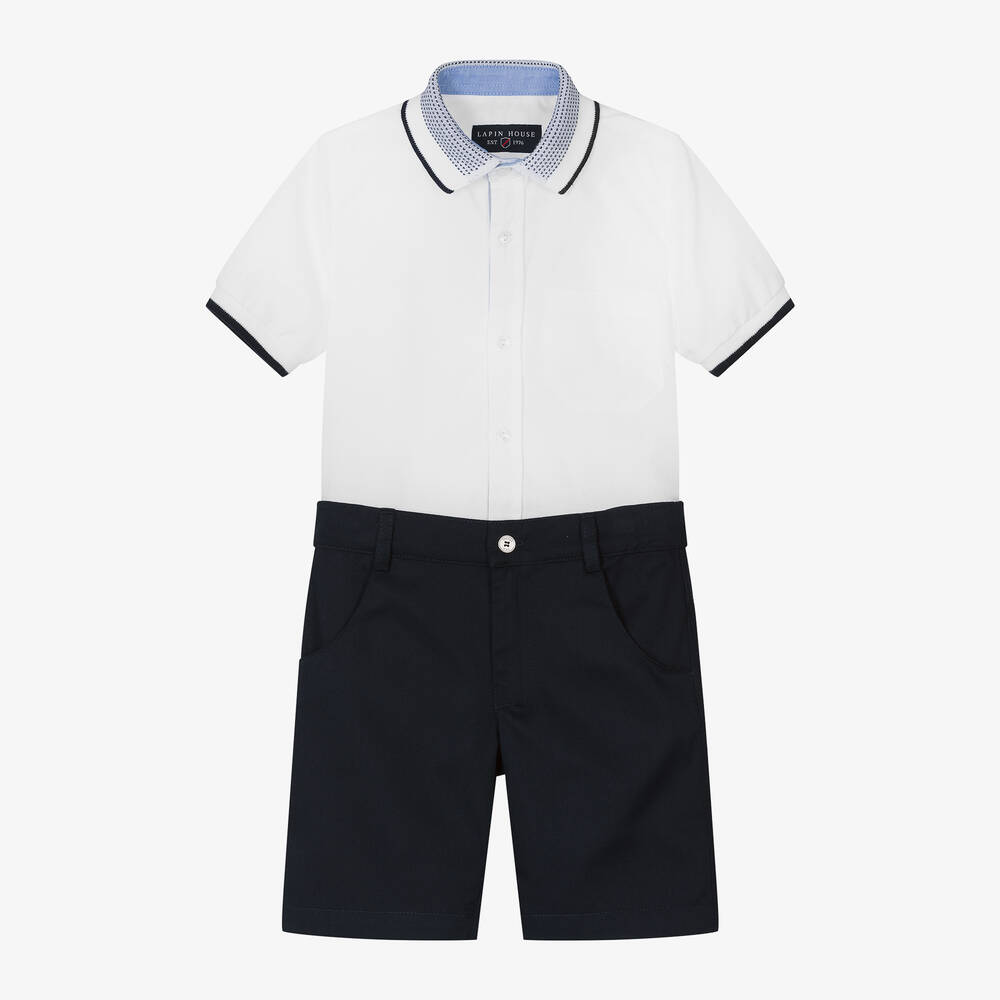 Lapin House - Boys White & Navy Blue Cotton Shorts Set  | Childrensalon
