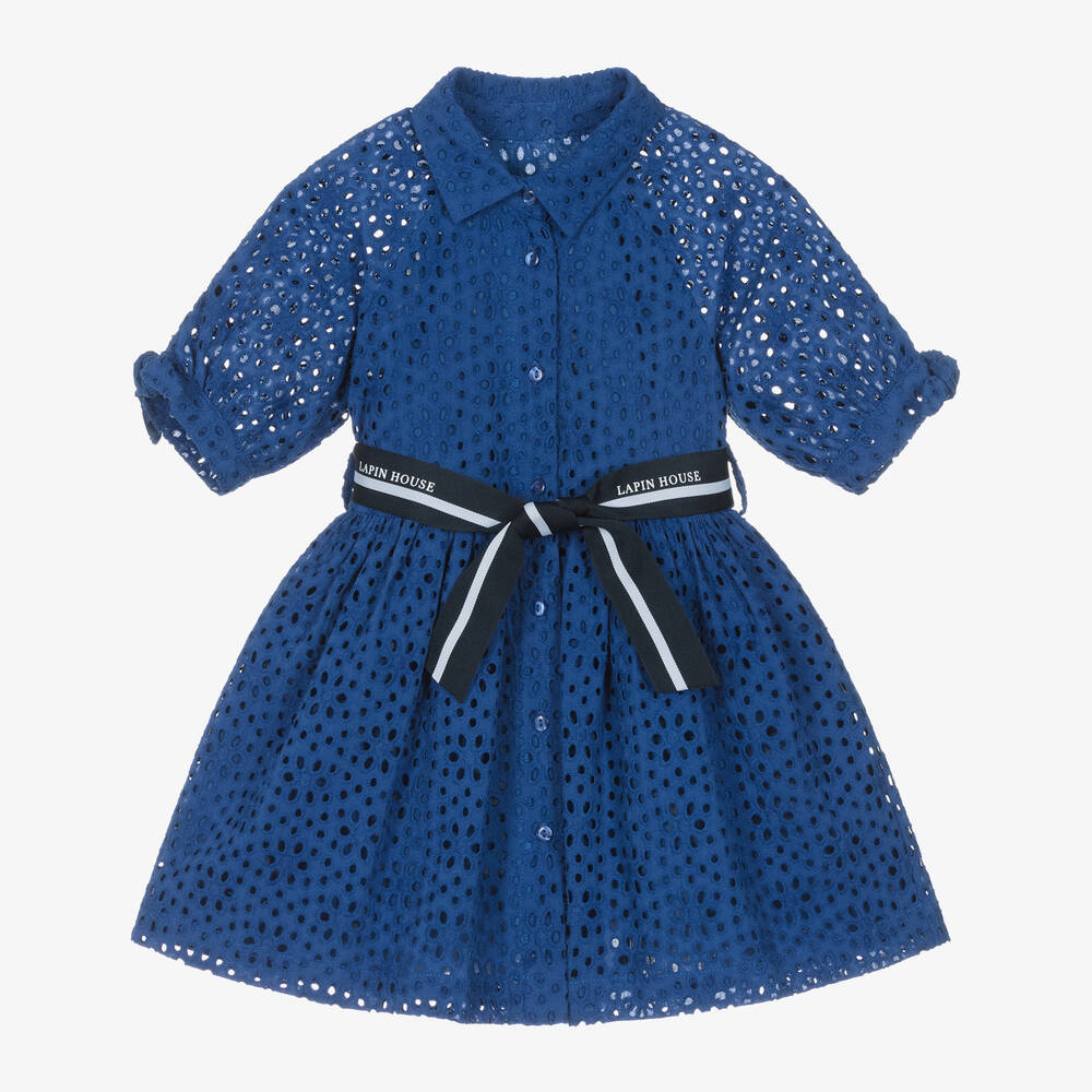 Lapin House - Girls Blue Broderie Cotton Shirt Dress | Childrensalon