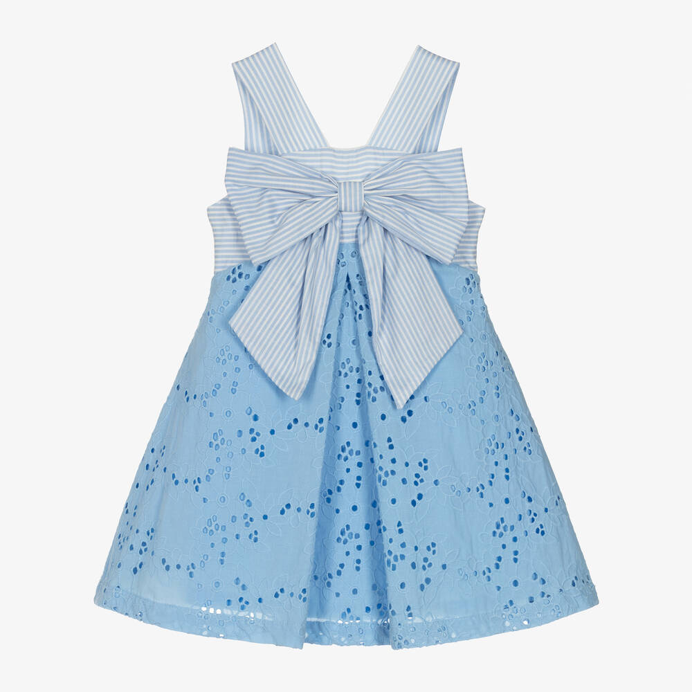 Lapin House - Girls Blue Cotton Broderie Dress | Childrensalon