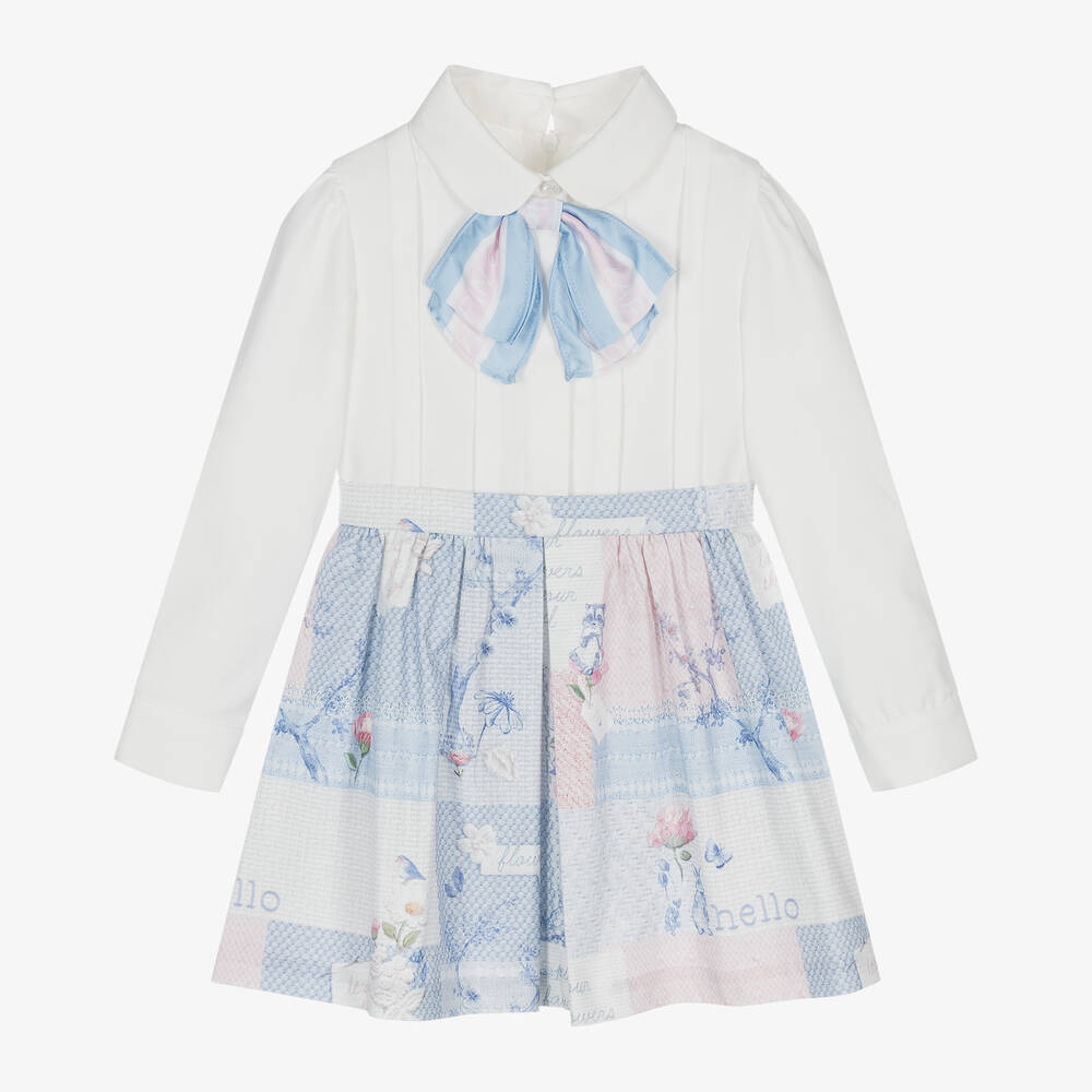 Lapin House - Girls Blue Cotton Patchwork Bow Dress | Childrensalon