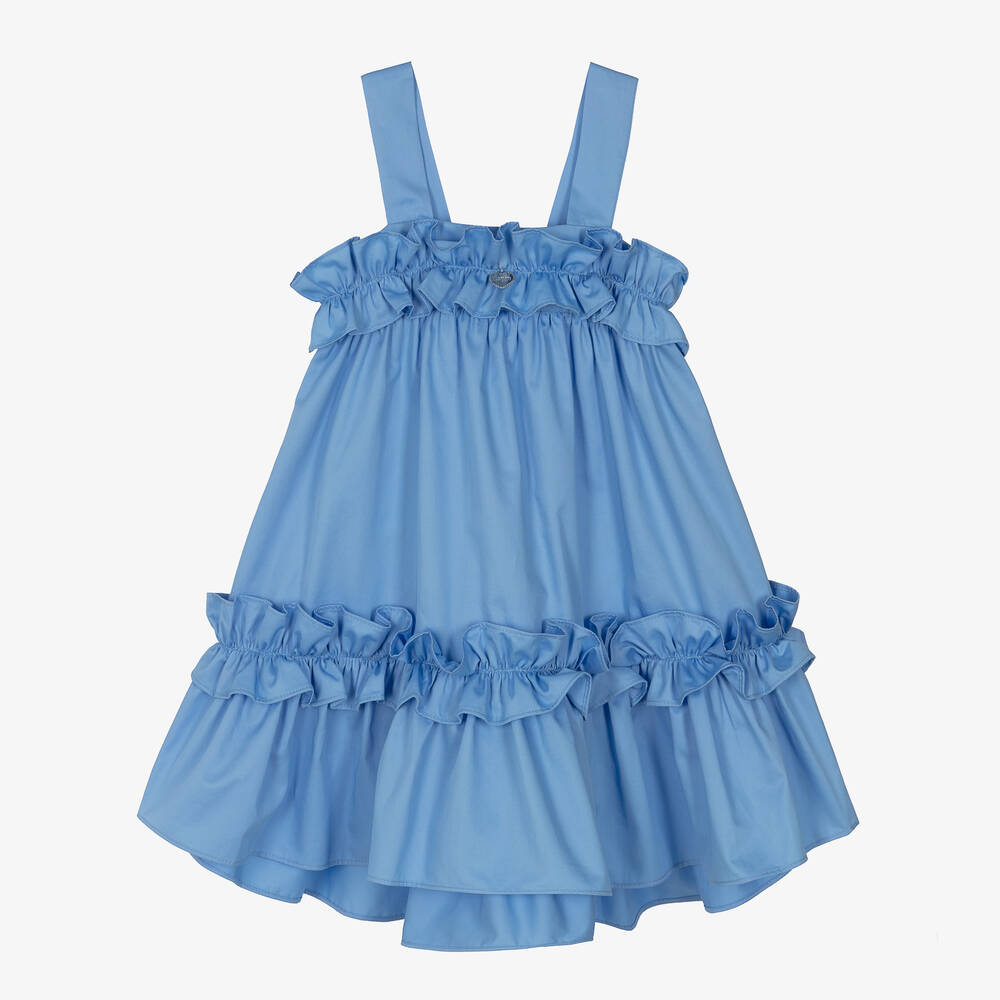 Lapin House - فستان قطن ساتين لون أزرق مزين بكشكش | Childrensalon