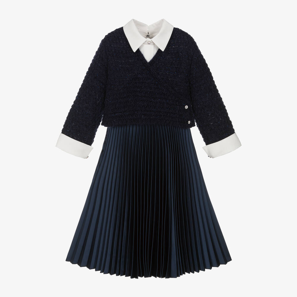 Lapin House - Girls Blue Pleated Satin Dress Set | Childrensalon