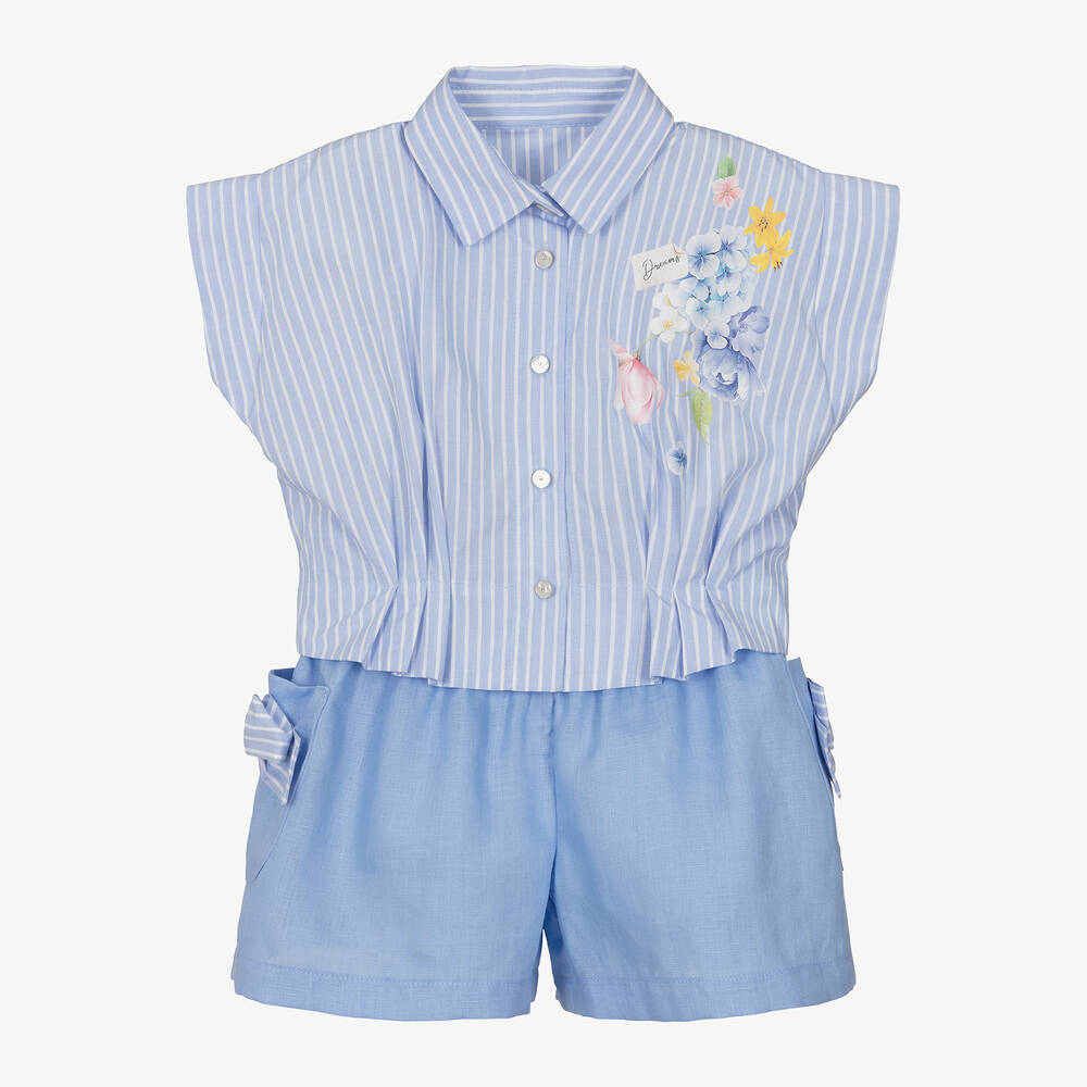 Lapin House - Girls Blue Stripe & Floral Shorts Set | Childrensalon