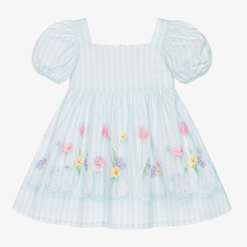 Lapin House - Girls Blue Striped Cotton Floral Dress | Childrensalon