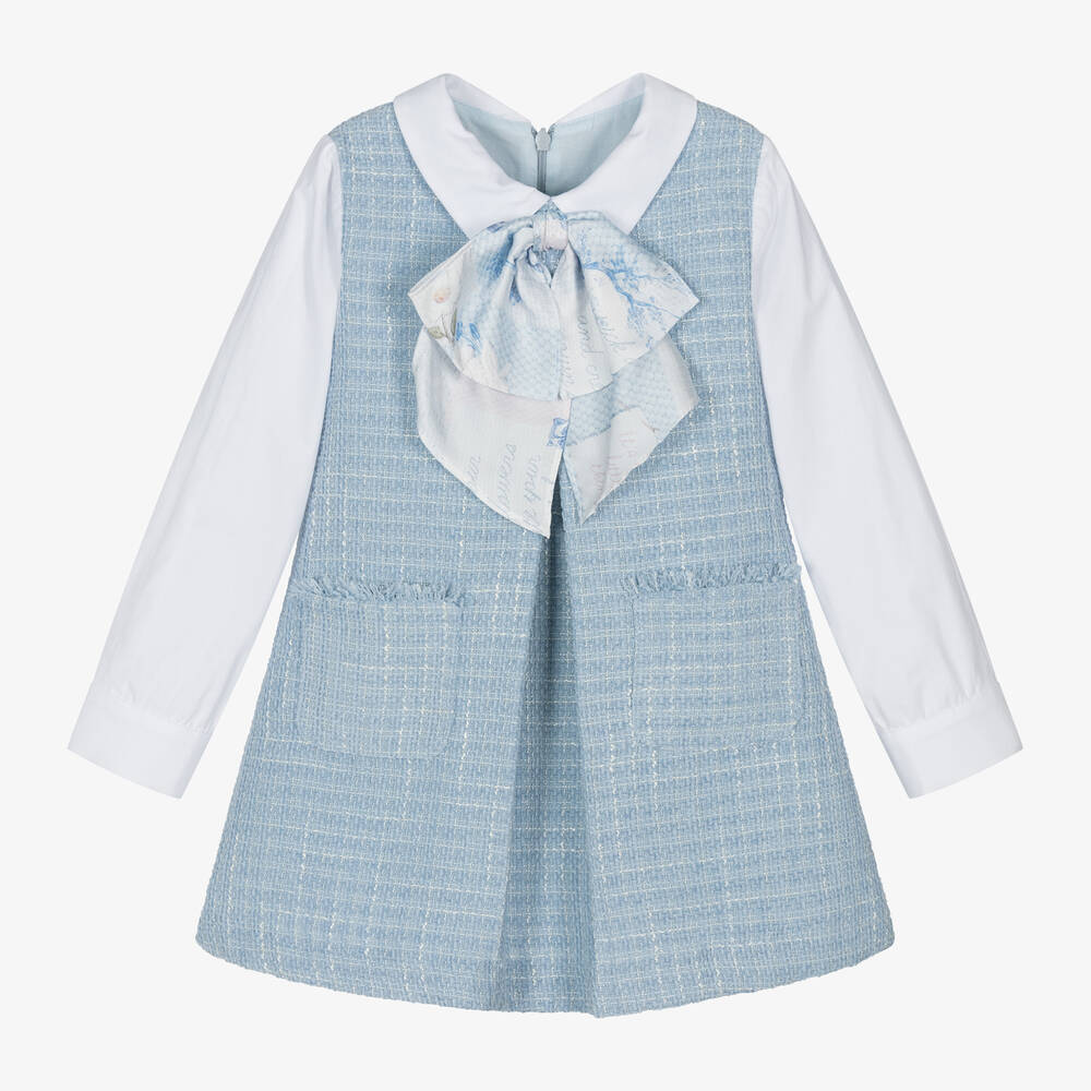 Lapin House - Girls Blue Tweed Bow Dress | Childrensalon