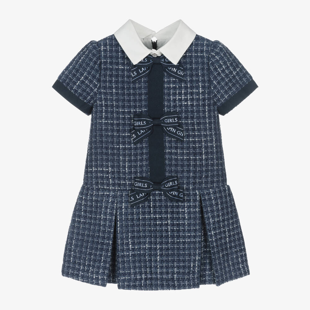 Lapin House - Girls Blue Tweed Bow Front Dress | Childrensalon