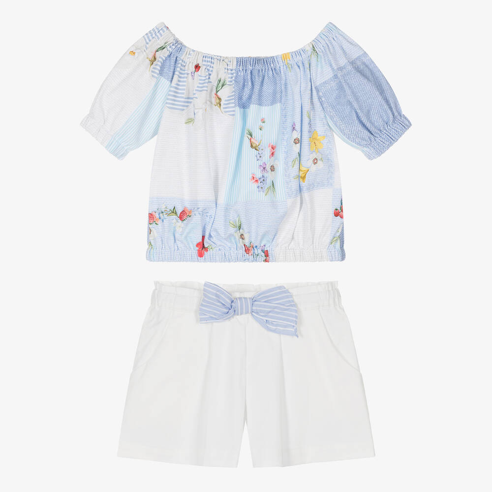 Lapin House - Girls Blue & White Cotton Shorts Set | Childrensalon