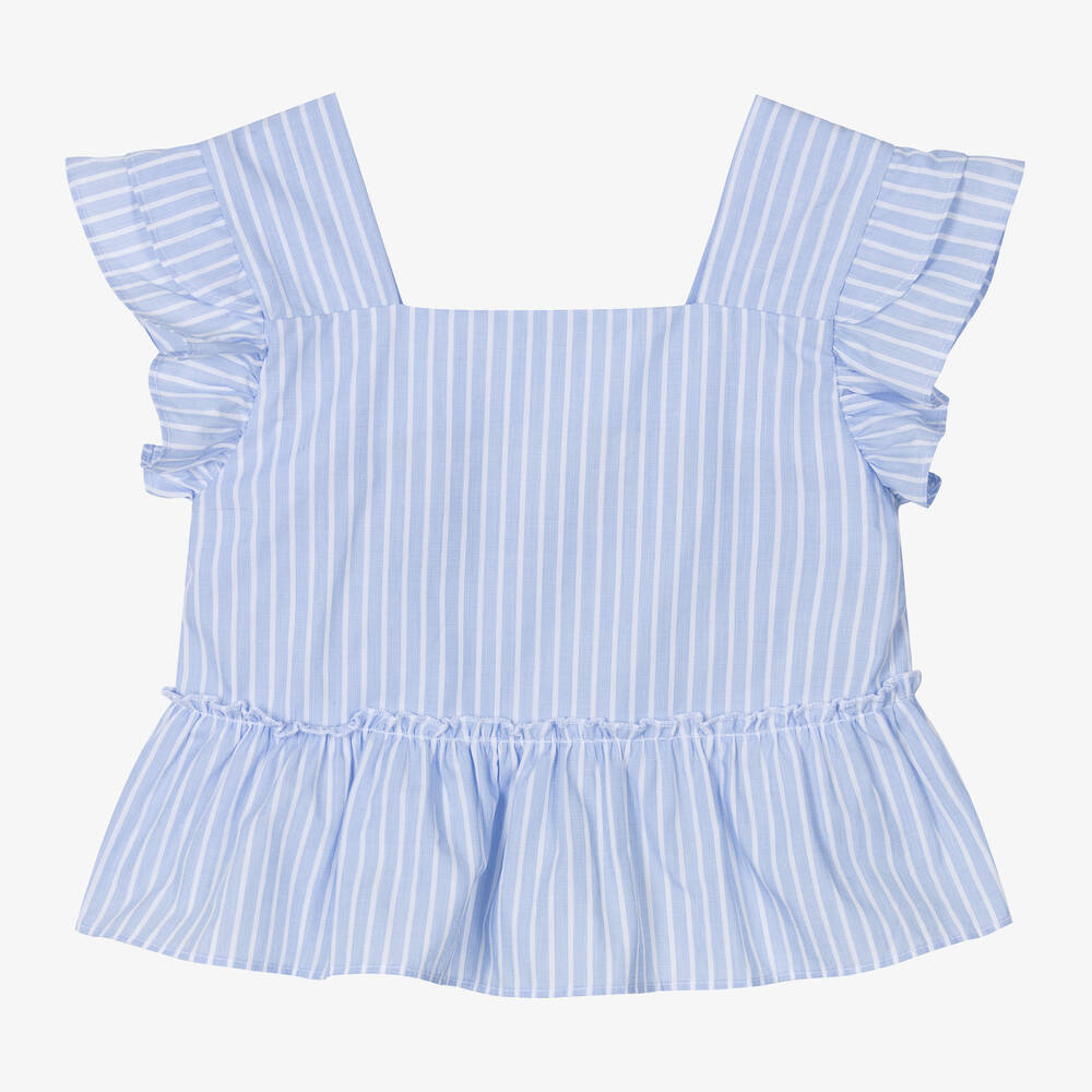 Lapin House - Girls Blue & White Stripe Cotton Blouse | Childrensalon