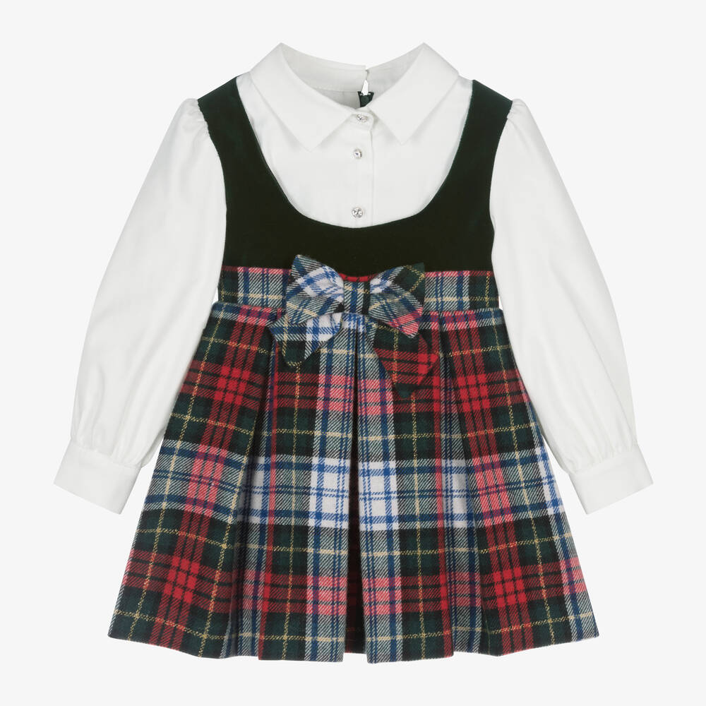 Lapin House - Girls Green Cotton & Wool Tartan Dress | Childrensalon