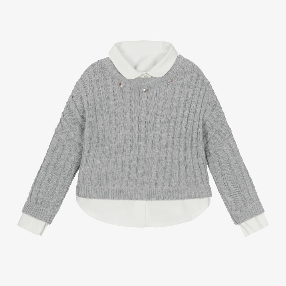 Lapin House - Girls Grey Cable Knit Layered Sweater | Childrensalon