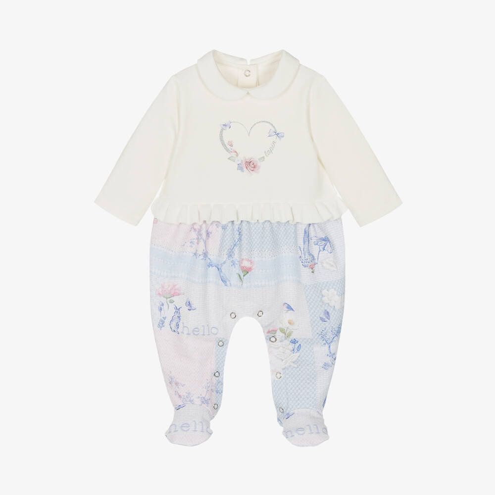 Lapin House - Girls Ivory & Blue Cotton Babygrow  | Childrensalon