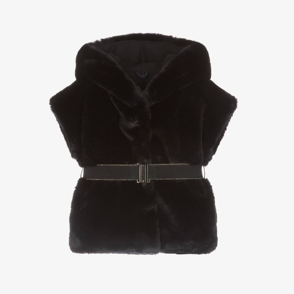 Lapin House - Girls Navy Blue Faux Fur Hooded Gilet | Childrensalon