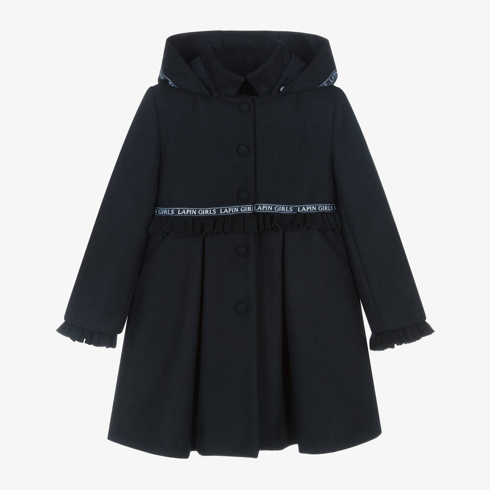 Lapin House - Girls Navy Blue Wool Hooded Coat | Childrensalon