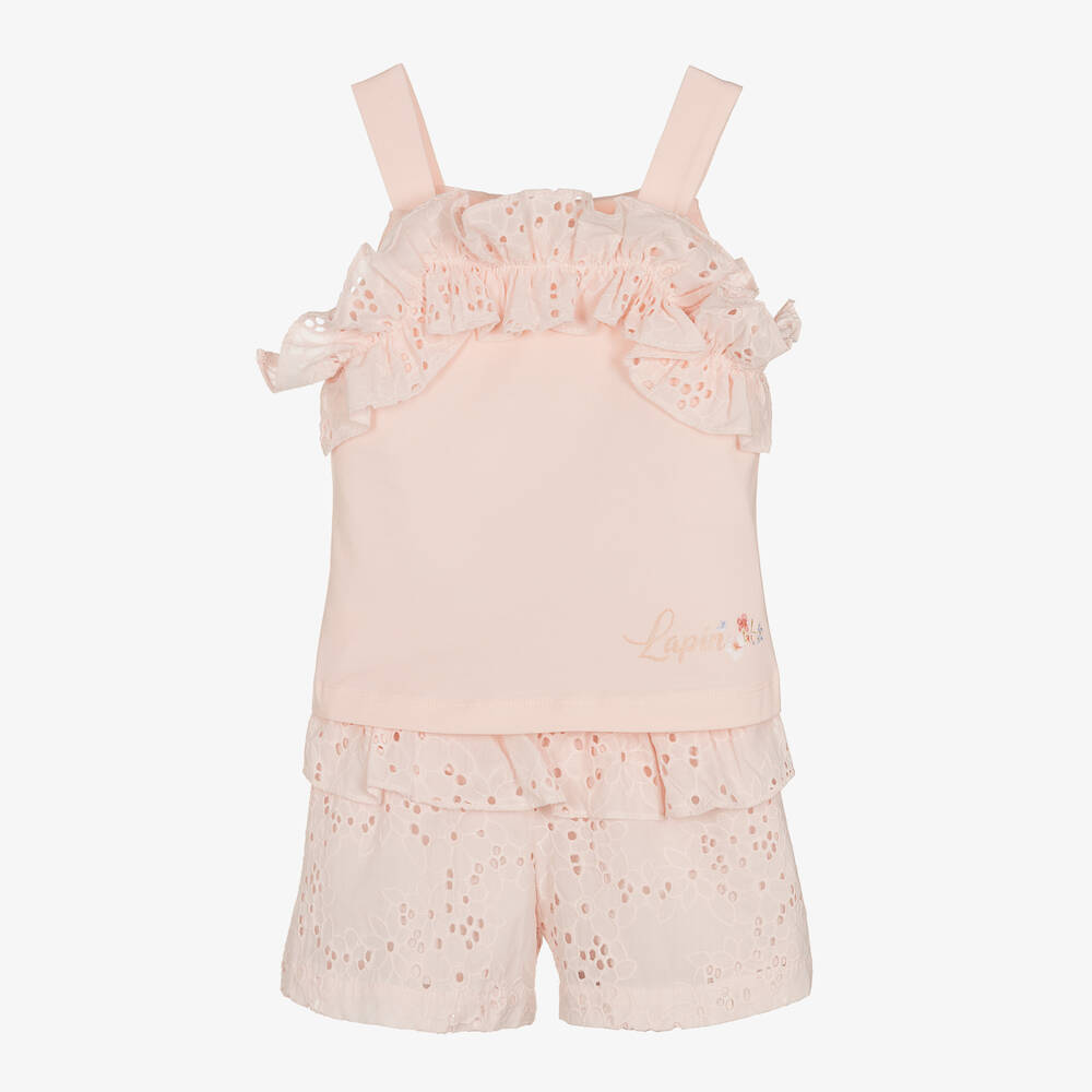 Lapin House - Girls Pink Broderie Cotton Shorts Set | Childrensalon