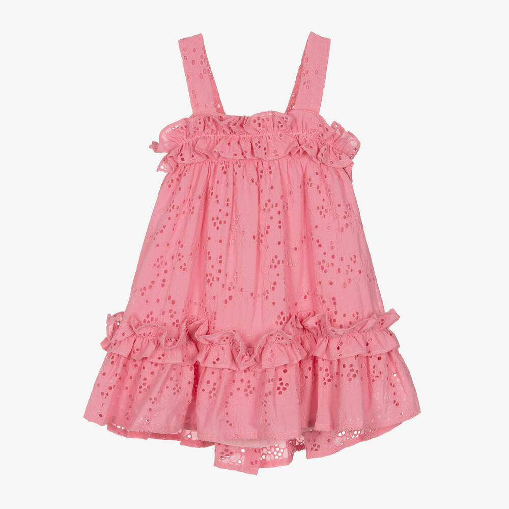 Lapin House - Girls Pink Cotton Broderie Anglaise Dress | Childrensalon