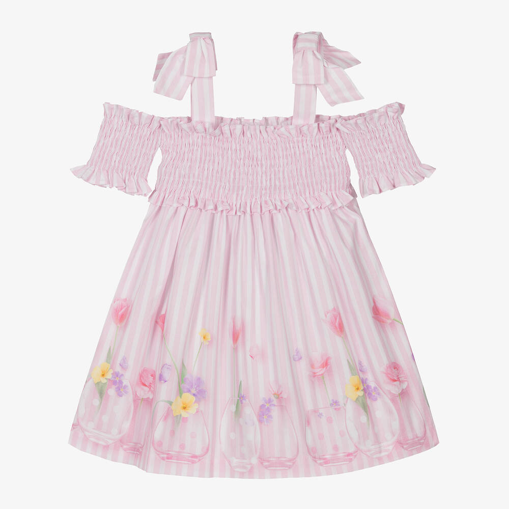 Lapin House - Girls Pink Cotton Floral & Stripe Dress | Childrensalon