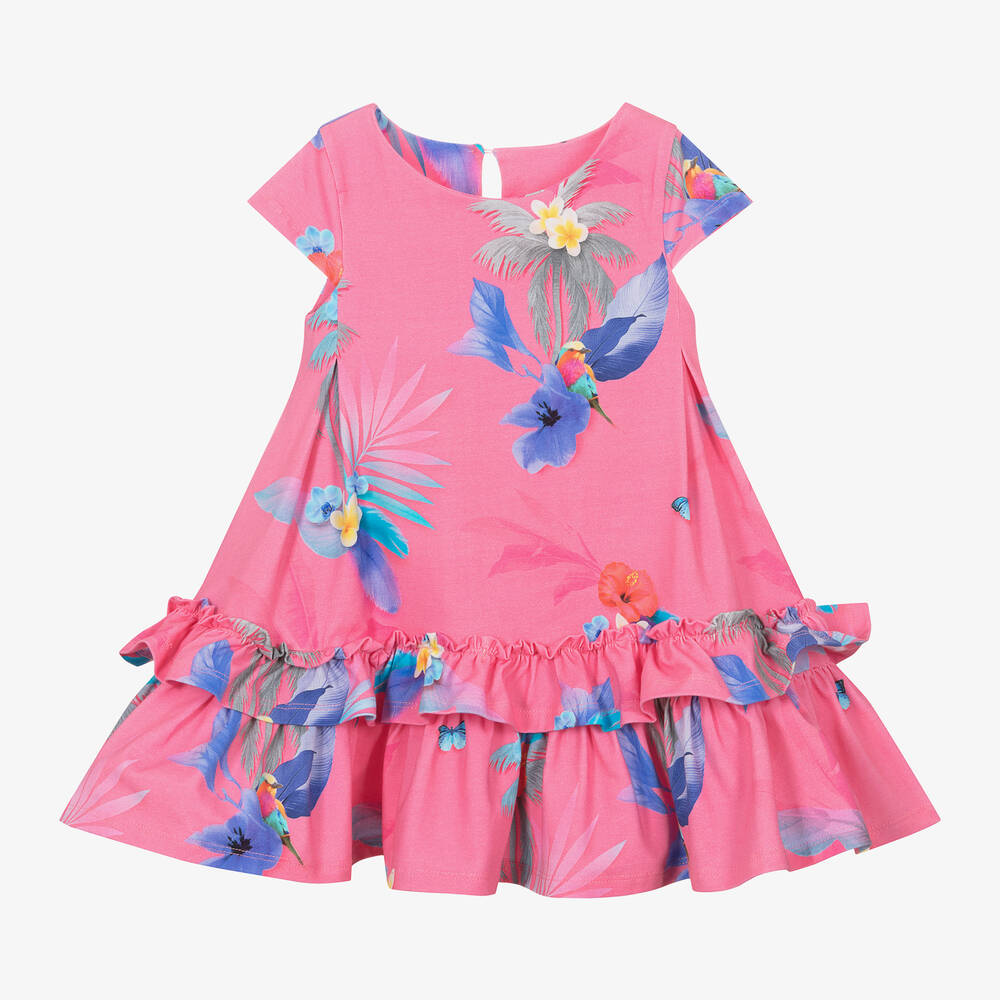 Lapin House - Розовое хлопковое платье с тропическими цветами для девочек | Childrensalon