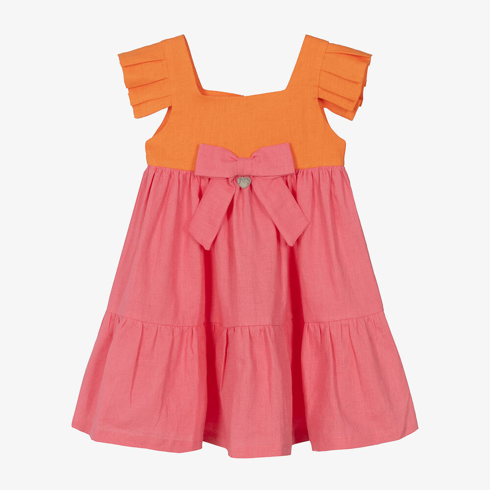 Lapin House - فستان كتان لون زهري وبرتقالي بألوان بلوك | Childrensalon
