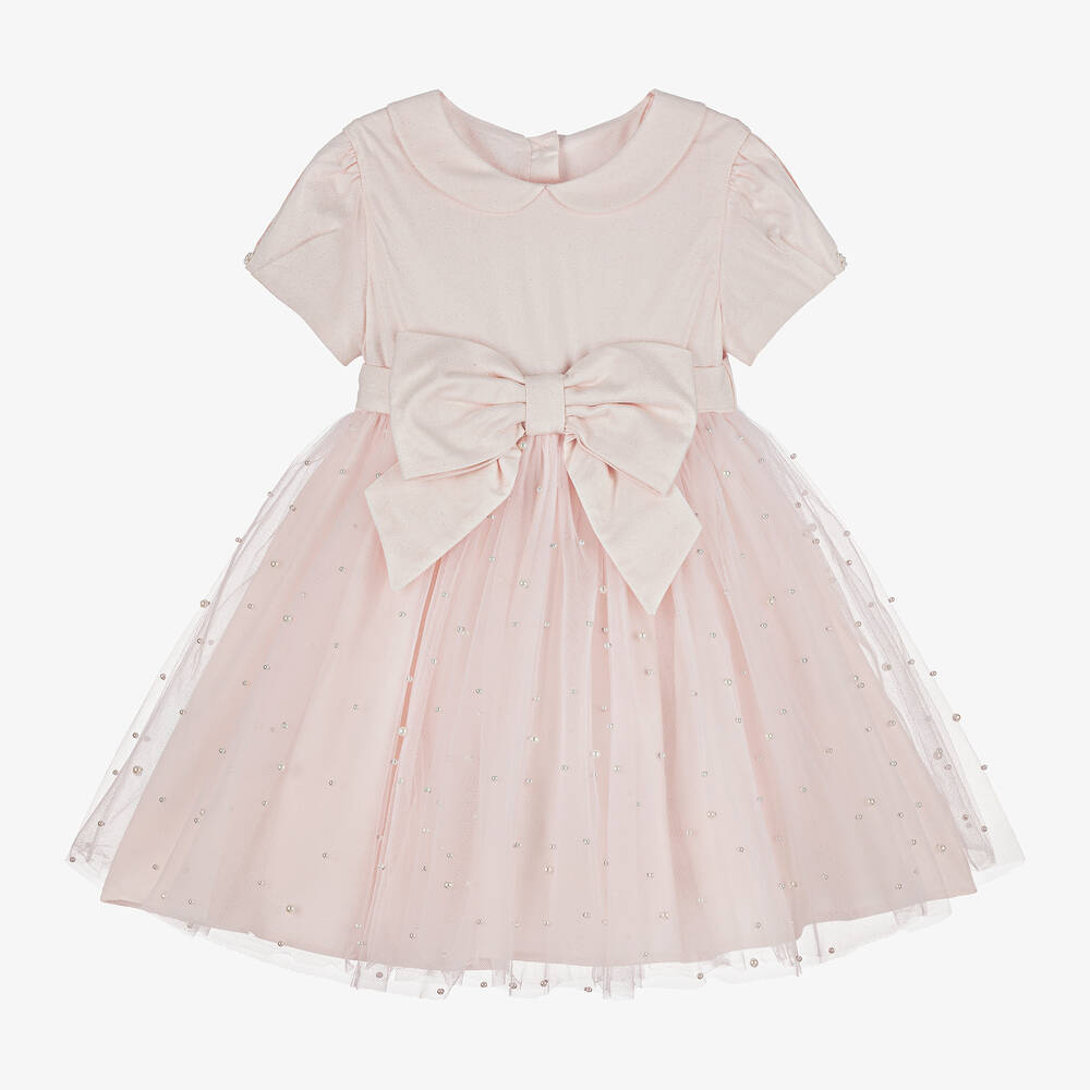 Lapin House - Girls Pink Twill & Tulle Pearl Bead Dress | Childrensalon