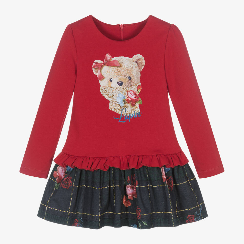 Lapin House - Girls Red & Blue Cotton Bear Dress | Childrensalon