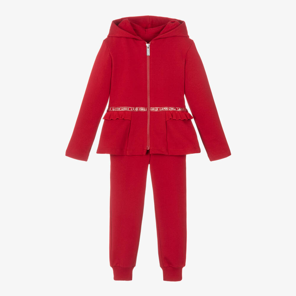 Lapin House - Girls Red Cotton Ruffle Tracksuit | Childrensalon