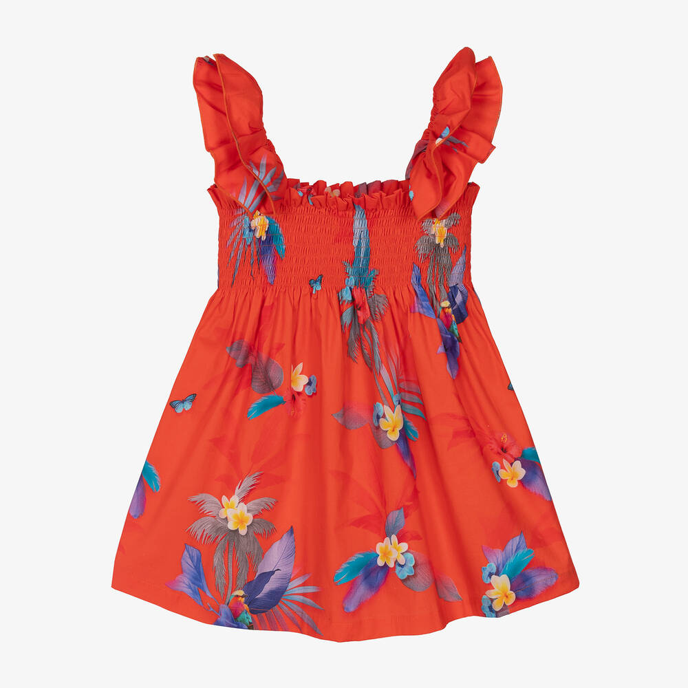 Lapin House - Girls Red Cotton Tropical Flowers Dress | Childrensalon