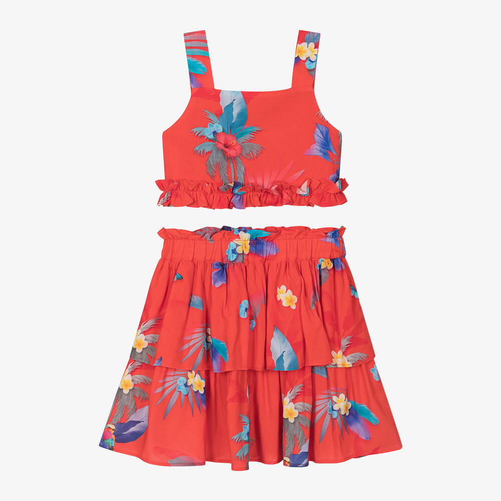 Lapin House - Girls Red Floral Viscose Skirt Set | Childrensalon