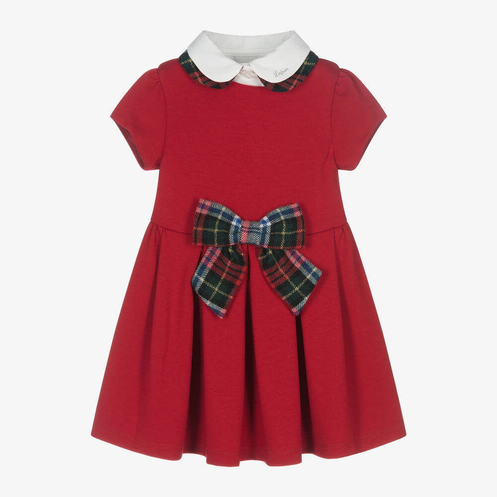 Lapin House - Girls Red Milano Jersey Tartan Bow Dress | Childrensalon