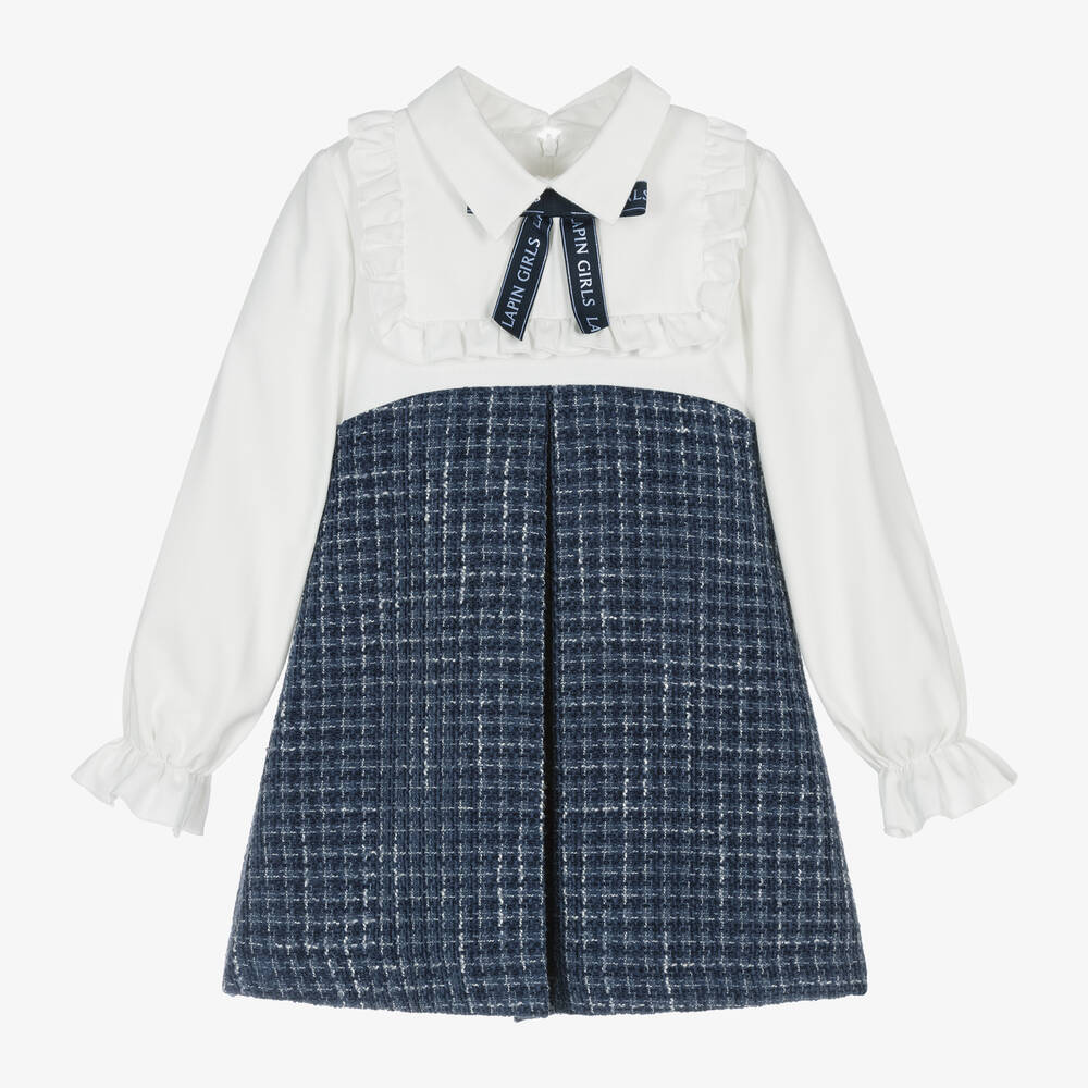 Lapin House - Girls White & Blue Cotton Tweed Dress | Childrensalon