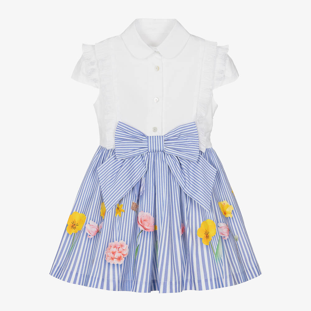 Lapin House - Girls White & Blue Striped Cotton Dress | Childrensalon