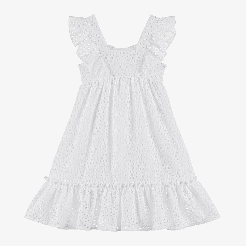Lapin House Kids' Girls White Broderie Cotton Dress