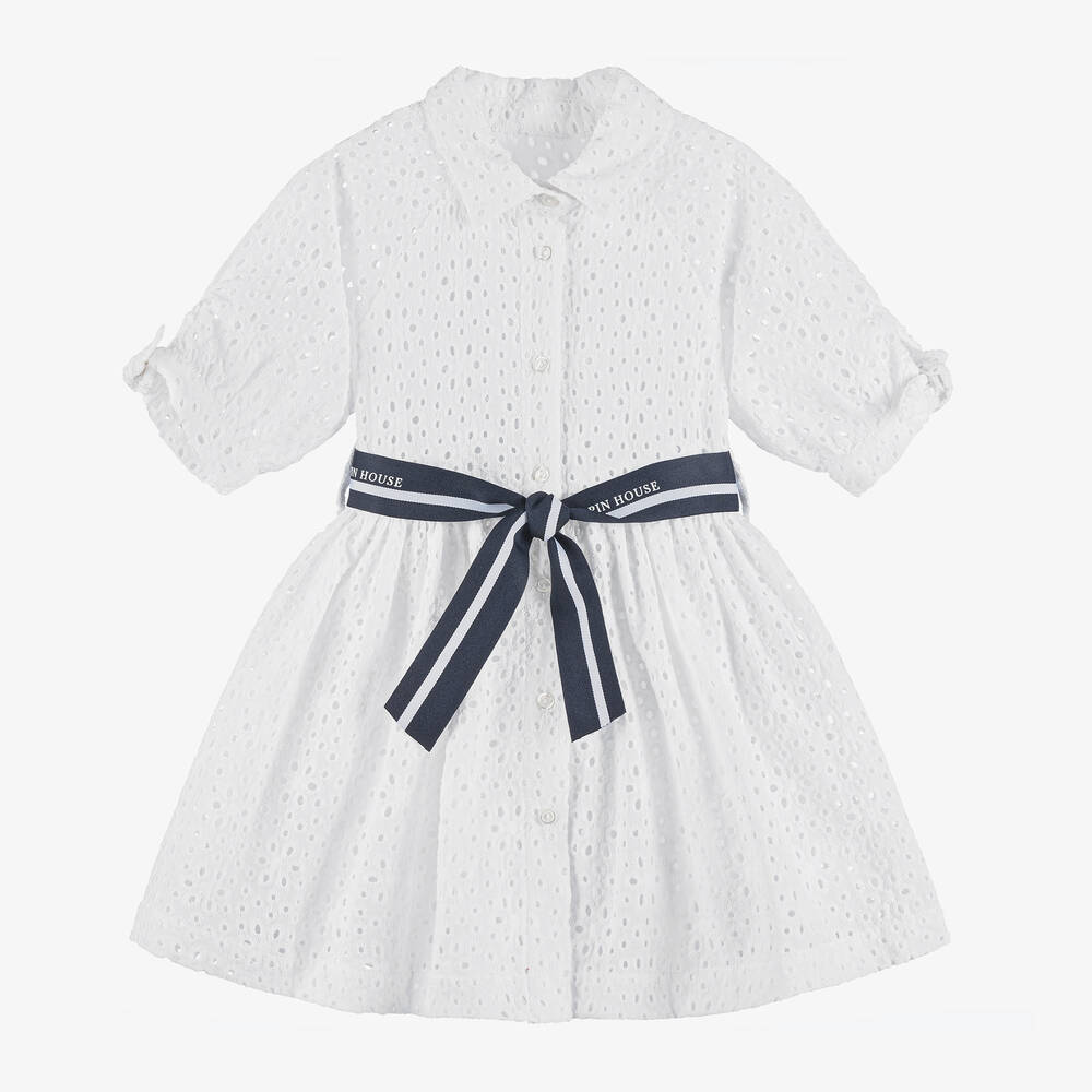 Lapin House - Girls White Broderie Cotton Shirt Dress | Childrensalon