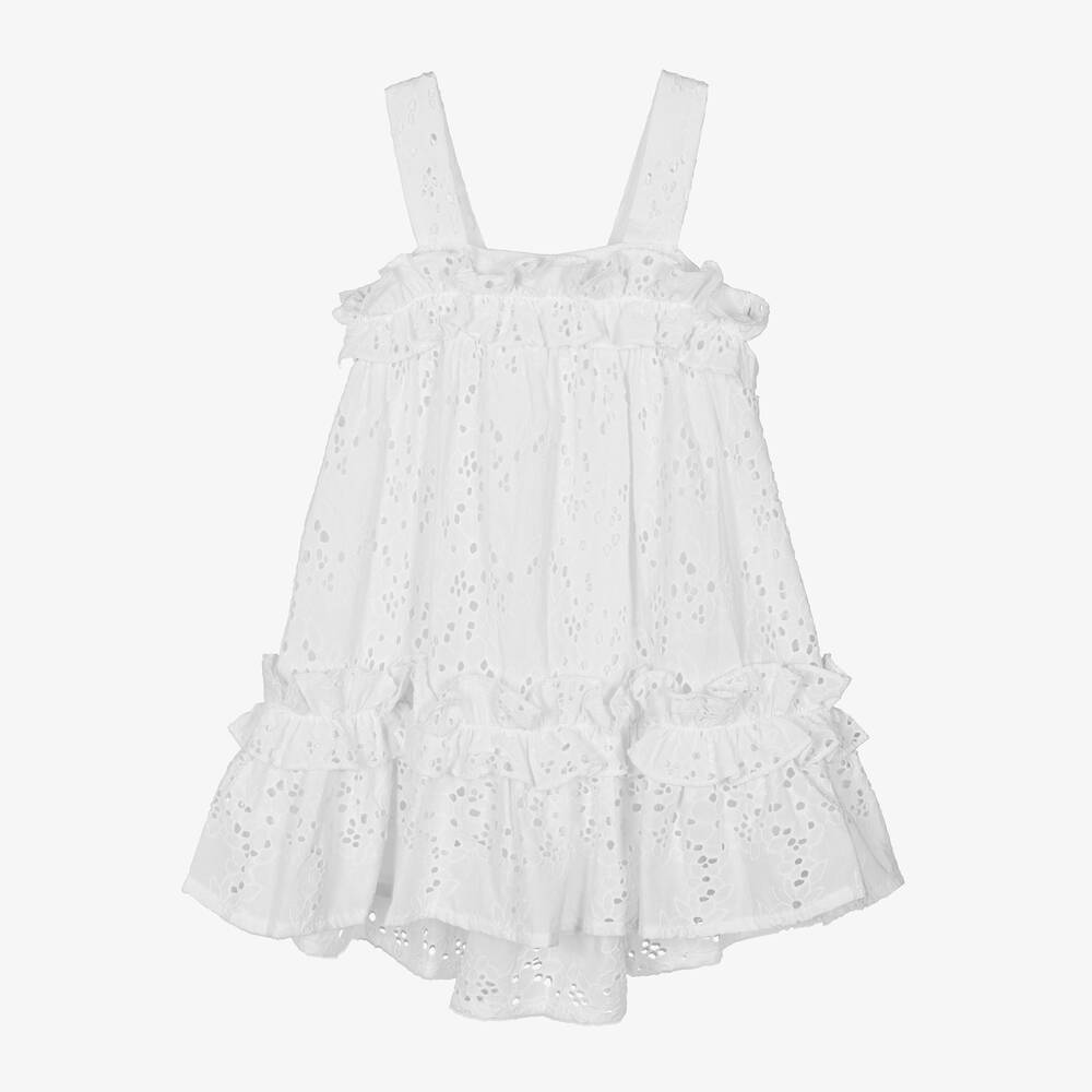 Lapin House - Белое хлопковое платье с вышивкой английской гладью для девочек | Childrensalon