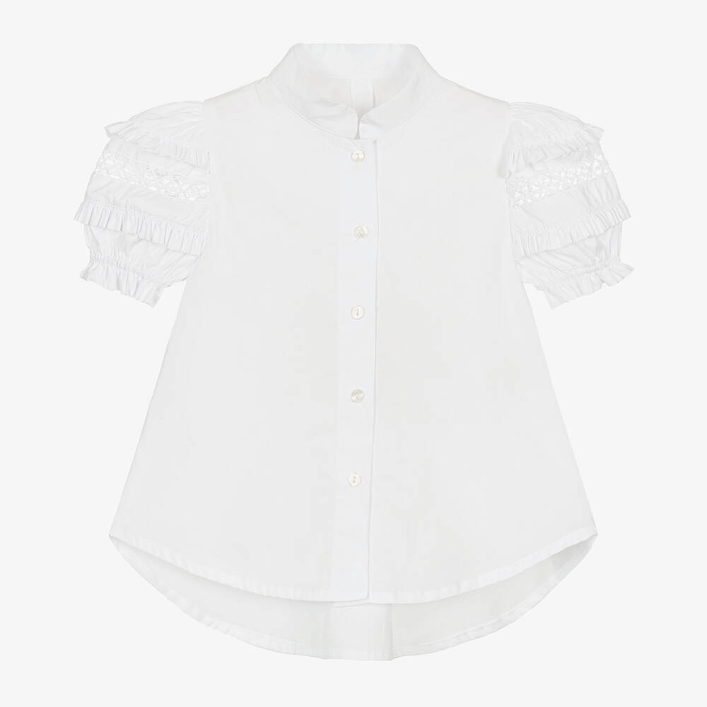 Lapin House - Girls White Cotton Puffed-Sleeve Blouse | Childrensalon