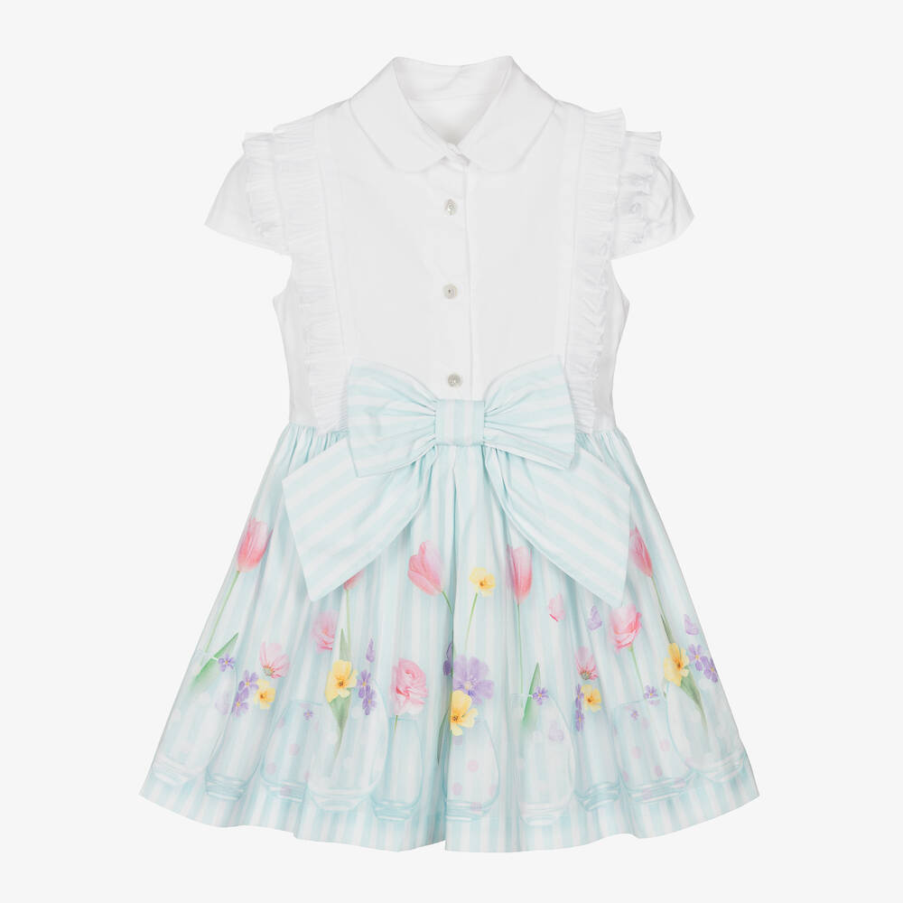 Lapin House - Girls White & Green Striped Cotton Dress | Childrensalon