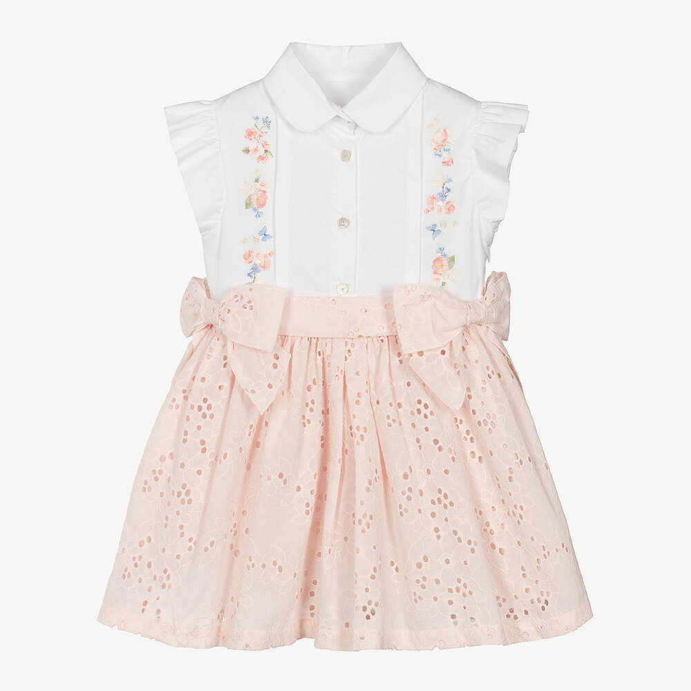 Lapin House - Girls White & Pink Broderie Cotton Dress | Childrensalon