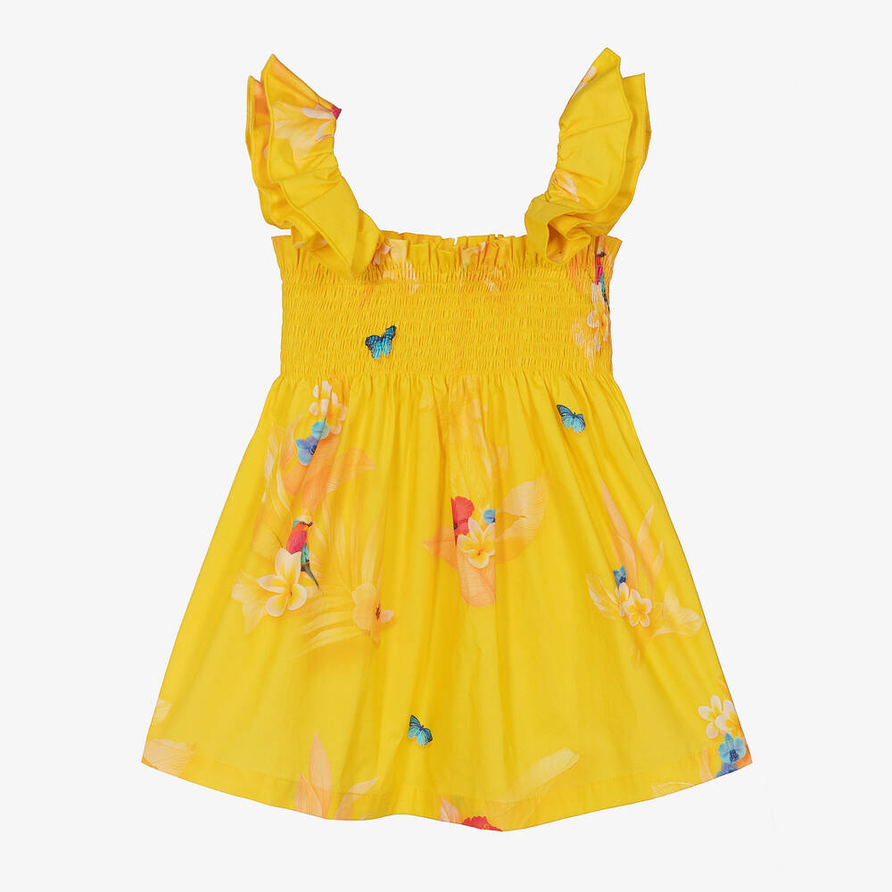 Lapin House - Желтое хлопковое платье с цветами для девочек | Childrensalon