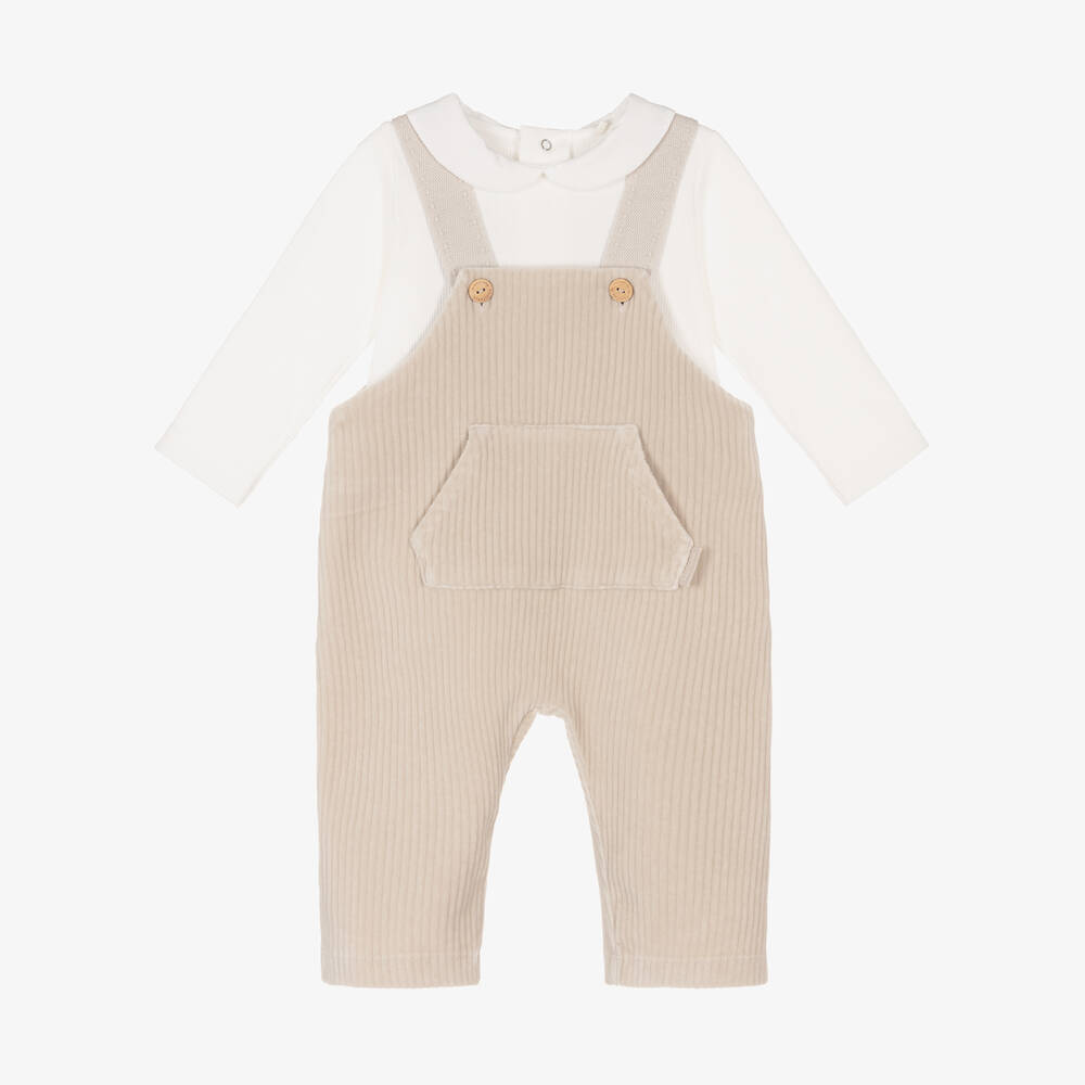 Laranjinha - Baby Boys Beige Corduroy Dungarees Set | Childrensalon